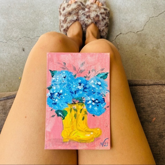 Rain Boot Painting Hydrangea Original Art Canvas Floral Artwork - Picture 10 of 10